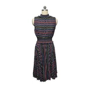 Nanette Lepore Black Polka Dot Smocked Mock Neck Pleated Midi‎ Dress Size 6